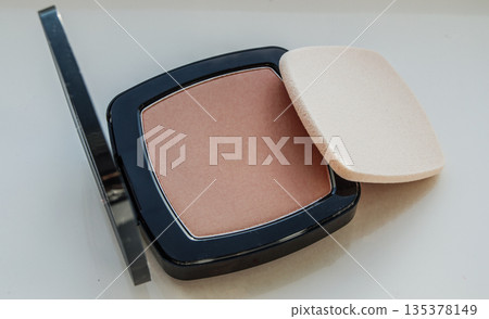 Compact powder with puff for makeup, on white background, top view Compact powder with puff for makeup, on white background, top view 135378149