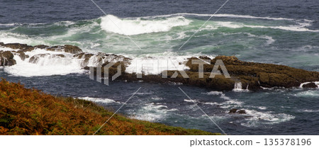 Waves Crash Against the Rocky Coastline of La Coruna, Spain Near the Tower of Hercules 135378196