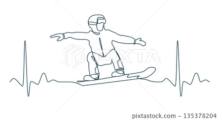 One Line Snowboarder Between Heartbeats. Continuous Line Winter Sports Illustration. 135378204