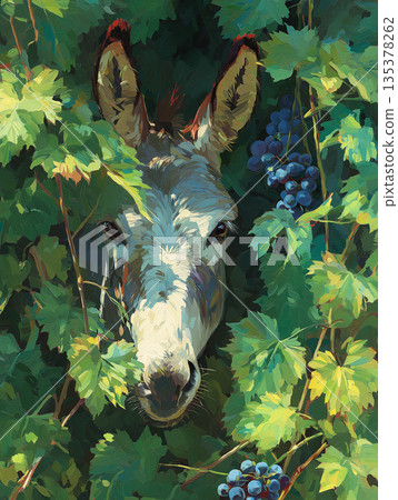 Donkey head peeks through grapevines in a vineyard. Grapevines frame the animal as daylight highlights the scene. Donkey head peeks through grapevines in a vineyard. Grapevines frame the animal as daylight highlights the scene. 135378262