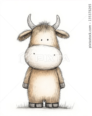 Cartoon cow stands on a white background. Whimsical bovine illustration with beige body and horns. Cartoon cow stands on a white background. Whimsical bovine illustration with beige body and horns. 135378265