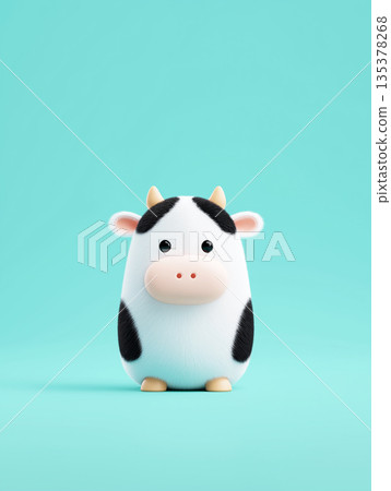 Cute cartoon cow stands on turquoise background. Soft hair and big eyes create a friendly vibe. 135378268