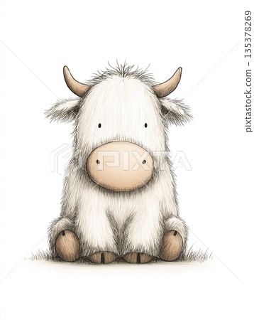 A fluffy yak sits in a meadow. The illustration uses soft lines and warm colors to create a cute, playful mood. A fluffy yak sits in a meadow. The illustration uses soft lines and warm colors to create a cute, playful mood. 135378269