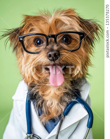 Dog wearing glasses checks patients at a veterinary clinic. The doctor dog wears a white coat and stethoscope. 135378270