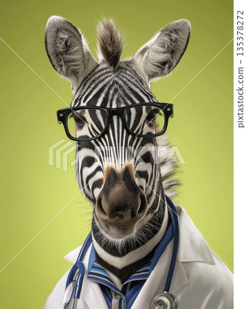 Zebra doctor wearing glasses stands against a green background. A stethoscope hangs from a white lab coat. Zebra doctor wearing glasses stands against a green background. A stethoscope hangs from a white lab coat. 135378272