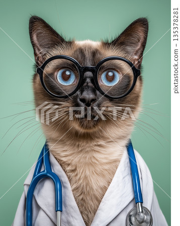 Siamese cat doctor wearing glasses and stethoscope at a veterinary clinic. The portrait conveys a professional and playful medical vibe. 135378281