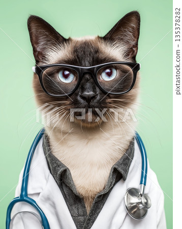 Cat wearing glasses in a clinic. Vet cat with stethoscope projects confident professional mood. Cat wearing glasses in a clinic. Vet cat with stethoscope projects confident professional mood. 135378282