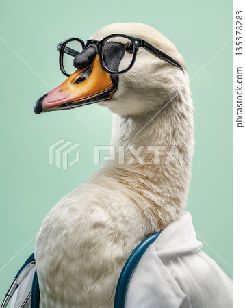 Duck wearing glasses acts as a doctor in a clinic. Stethoscope and white coat emphasize veterinary theme. Duck wearing glasses acts as a doctor in a clinic. Stethoscope and white coat emphasize veterinary theme. 135378283