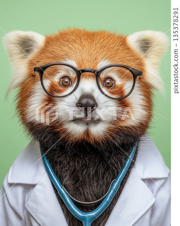 Red panda wearing glasses in a white lab coat acts as a doctor in a studio. Glasses and stethoscope emphasize a playful medical theme. Red panda wearing glasses in a white lab coat acts as a doctor in a studio. Glasses and stethoscope emphasize a playful medical theme. 135378291