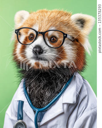 Red panda wearing glasses in a doctor's coat stands in a clinic. Bright stethoscope and glasses emphasize a playful medical concept. Red panda wearing glasses in a doctor's coat stands in a clinic. Bright stethoscope and glasses emphasize a playful medical concept. 135378293