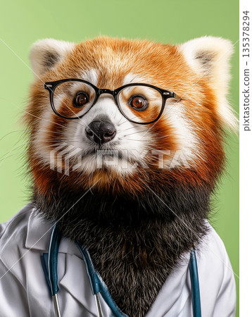 Red panda wears glasses in a clinic. Glasses, stethoscope and white coat create a medical themed portrait. Red panda wears glasses in a clinic. Glasses, stethoscope and white coat create a medical themed portrait. 135378294