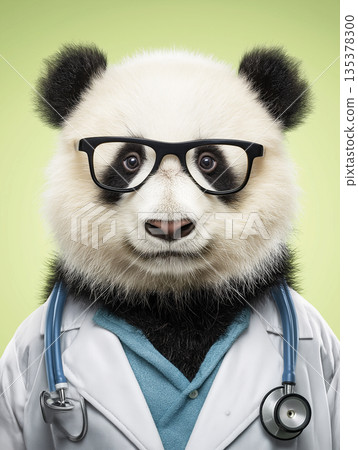 Panda doctor wearing glasses treats patients in a clinic. Bright, friendly portrait conveys care and professionalism. Panda doctor wearing glasses treats patients in a clinic. Bright, friendly portrait conveys care and professionalism. 135378300