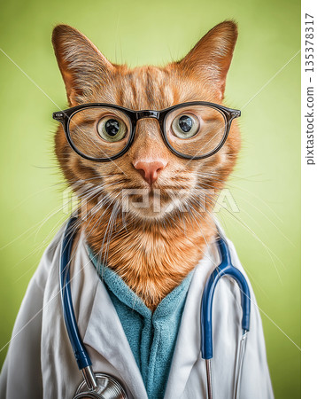 Orange tabby cat wearing glasses at a veterinary clinic. A white lab coat and stethoscope complete the professional look. 135378317