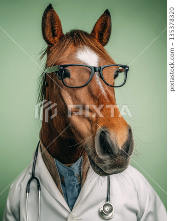 Horse wearing glasses at a veterinary clinic. This is a veterinary portrait with a lab coat and stethoscope. Horse wearing glasses at a veterinary clinic. This is a veterinary portrait with a lab coat and stethoscope. 135378320