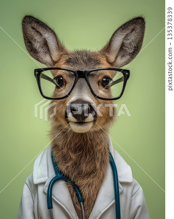 Deer doctor wearing glasses treats patients in a clinic. Lab coat and stethoscope emphasize a playful medical portrait. Deer doctor wearing glasses treats patients in a clinic. Lab coat and stethoscope emphasize a playful medical portrait. 135378339