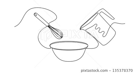 One line drawing of baking tools like whisk, mixing bowl, measuring cup. One line drawing of baking tools like whisk, mixing bowl, measuring cup. 135378370