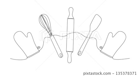 One line drawing of baking tools like rolling pin, whisk, and rubber spatula and oven mitts. One line drawing of baking tools like rolling pin, whisk, and rubber spatula and oven mitts. 135378371
