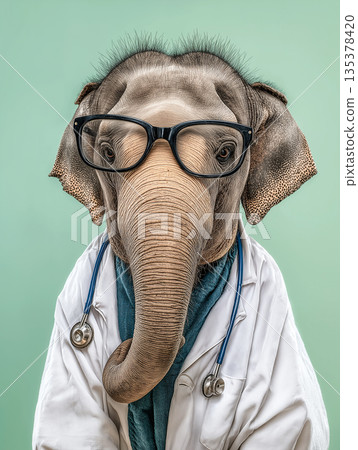 Elephant doctor wearing glasses in a clinic. A white lab coat and stethoscope complete the look. Elephant doctor wearing glasses in a clinic. A white lab coat and stethoscope complete the look. 135378420