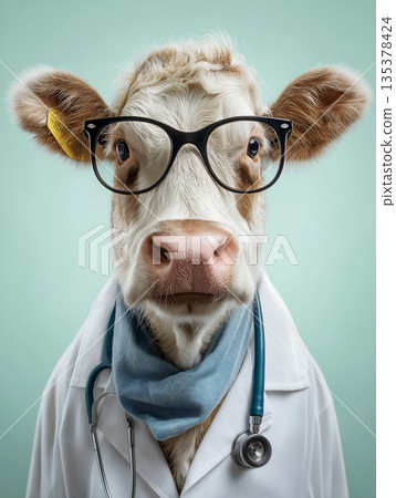 Cow wearing glasses in a doctor coat stands in a clinic. It is a playful veterinary portrait. Cow wearing glasses in a doctor coat stands in a clinic. It is a playful veterinary portrait. 135378424