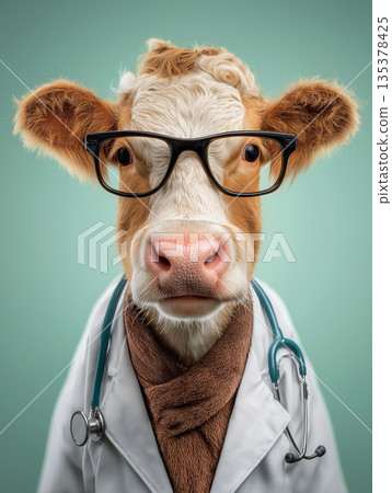 Cow doctor wearing glasses examines patients in veterinary clinic. Stethoscope hangs around the cow neck. 135378425