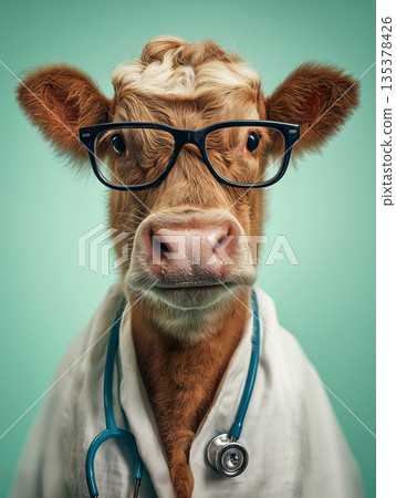 Cow wearing glasses in a vet coat poses in a studio. A stethoscope hangs around its neck. Cow wearing glasses in a vet coat poses in a studio. A stethoscope hangs around its neck. 135378426