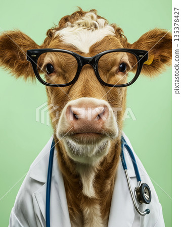 Cow veterinarian wearing glasses works at a clinic. A stethoscope rests on a white coat. Cow veterinarian wearing glasses works at a clinic. A stethoscope rests on a white coat. 135378427