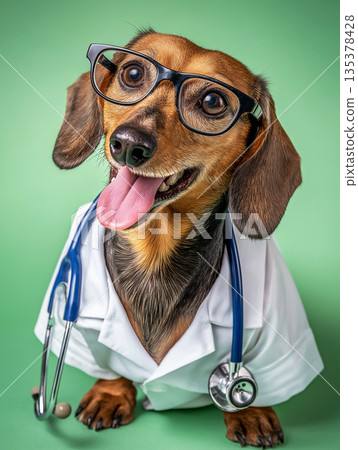 Dachshund in a white coat and glasses at a veterinary clinic. Stethoscope and glasses frame a playful veterinary portrait. Dachshund in a white coat and glasses at a veterinary clinic. Stethoscope and glasses frame a playful veterinary portrait. 135378428