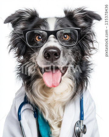 Dog wearing glasses in a veterinarian clinic. Glasses and a lab coat with a stethoscope emphasize a playful veterinary theme. Dog wearing glasses in a veterinarian clinic. Glasses and a lab coat with a stethoscope emphasize a playful veterinary theme. 135378436