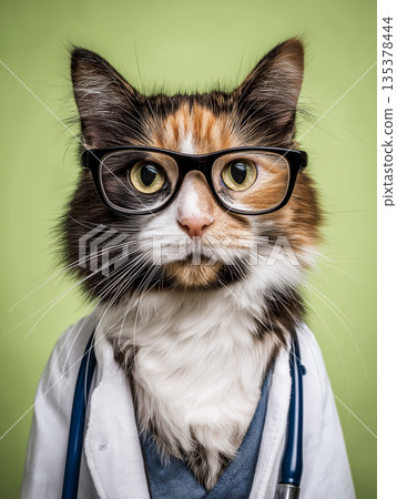Calico cat wearing glasses conducts a checkup in veterinary clinic. A stethoscope and lab coat emphasize a medical theme. Calico cat wearing glasses conducts a checkup in veterinary clinic. A stethoscope and lab coat emphasize a medical theme. 135378444