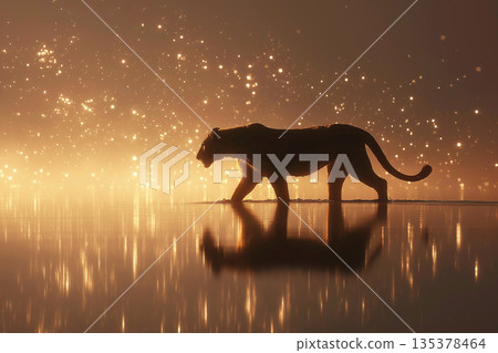 Big cat silhouette walks across a glowing water surface. Golden sunset light bathes the scene. 135378464