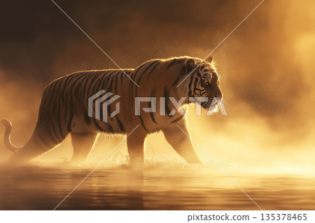 Tiger walks through shallow water at the riverbank at dawn. Warm backlit mist surrounds the scene. Tiger walks through shallow water at the riverbank at dawn. Warm backlit mist surrounds the scene. 135378465