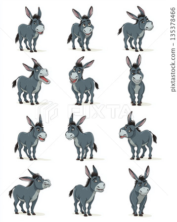 Donkeys stand on a white background. A playful cartoon illustration set with multiple poses shows varied expressions. 135378466