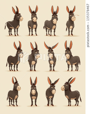 Donkeys stand on a beige background. A playful grid of cartoon donkeys shows varied ear positions. Donkeys stand on a beige background. A playful grid of cartoon donkeys shows varied ear positions. 135378467