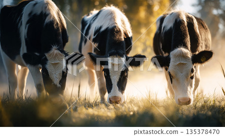 Three Holstein cows graze in a sunlit meadow. Morning light bathes the scene in warm tones. Three Holstein cows graze in a sunlit meadow. Morning light bathes the scene in warm tones. 135378470
