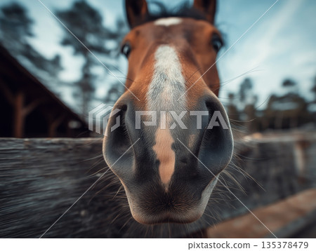 Horse nose fills the frame at a wooden fence in a stable yard. The shot highlights large nostrils and the textured skin around the nose. Horse nose fills the frame at a wooden fence in a stable yard. The shot highlights large nostrils and the textured skin around the nose. 135378479