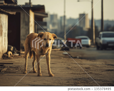 Stray dog stands in a dusty urban alley. Golden hour light bathes the street. 135378495