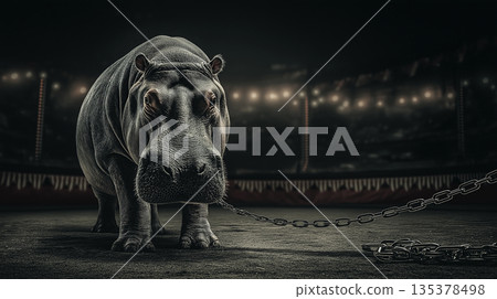 Hippo stands in a circus arena while tethered by a chain. Dim stadium lights create a dramatic mood. Hippo stands in a circus arena while tethered by a chain. Dim stadium lights create a dramatic mood. 135378498