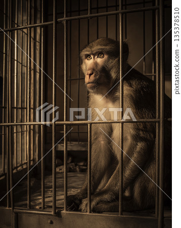 Monkey in a cage sits still. Sepia lighting creates a dramatic timeless mood. 135378510