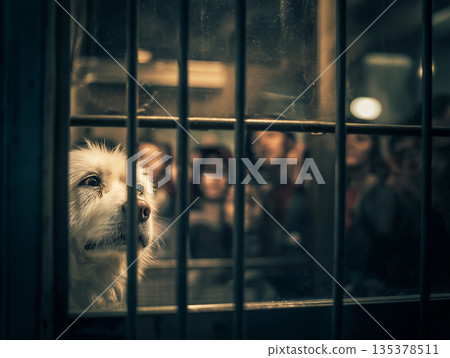 White dog in kennel gazes through bars. People behind the glass watch. White dog in kennel gazes through bars. People behind the glass watch. 135378511