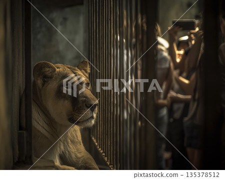Lion in a zoo enclosure peeks through metal bars. Visitors with smartphones photograph the moment under warm afternoon light. Lion in a zoo enclosure peeks through metal bars. Visitors with smartphones photograph the moment under warm afternoon light. 135378512
