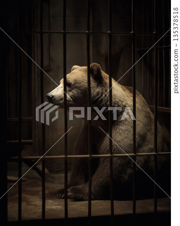 Bear sits in a metal cage at the zoo. Dim light highlights the bear and the steel bars. Bear sits in a metal cage at the zoo. Dim light highlights the bear and the steel bars. 135378518