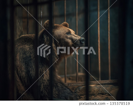 Bear rests in a zoo enclosure. Rusty bars surround the bear. Bear rests in a zoo enclosure. Rusty bars surround the bear. 135378519