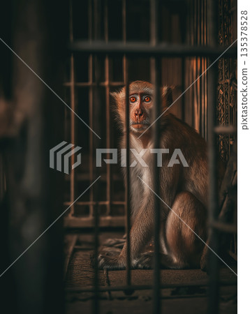 A monkey in a cage sits inside a dim enclosure. Warm light highlights the monkey and creates a somber mood. 135378528