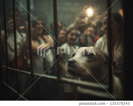 Dog peers through a metal cage at a zoo. A crowd of people watches from behind glass. 135378543