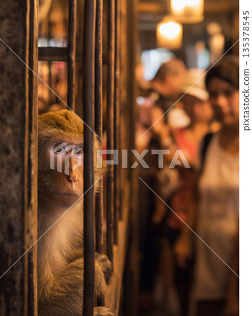 monkey in a cage peering through bars on a busy market street. warm golden lighting and a crowd of blurred shoppers create a lively late evening mood. 135378545