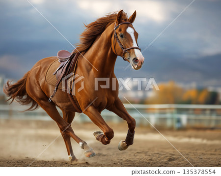 Chestnut horse gallops around a riding arena. Leather saddle and bridle are visible. Chestnut horse gallops around a riding arena. Leather saddle and bridle are visible. 135378554