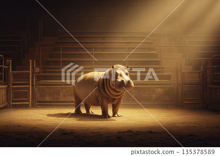 Hippo stands in an arena under a warm spotlight. Spotlight bathes the arena in amber light. Hippo stands in an arena under a warm spotlight. Spotlight bathes the arena in amber light. 135378589
