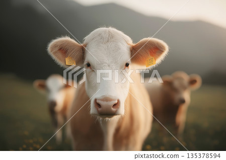 White cow stands in a sunlit pasture. Yellow ear tags are visible on the cows. White cow stands in a sunlit pasture. Yellow ear tags are visible on the cows. 135378594