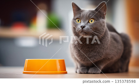 Gray cat crouches beside an orange bowl in the kitchen. The orange bowl on the counter adds color to a cozy kitchen. 135378598