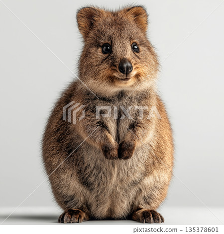 Wallaby joey stands upright on a grey studio backdrop. Bright studio lighting highlights its soft fur and curious expression. 135378601